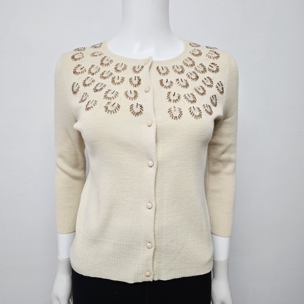 Ann Taylor Loft Cardigan Sweater Size S Embellished Beaded 3/4 Sl Cashmere Blend
